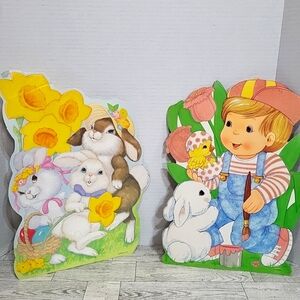 2 Vintage EUREKA Fuzzy Flocked EASTER‎ Die Cut Decorations Paper Bunny